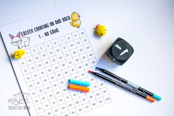 Easter-themed printable hundred chart game for practising addition and subtraction with 1, 2's and 5's. Download and print the chart and use our reusable die instructions to create a simple multi-player maths game to race to 100.