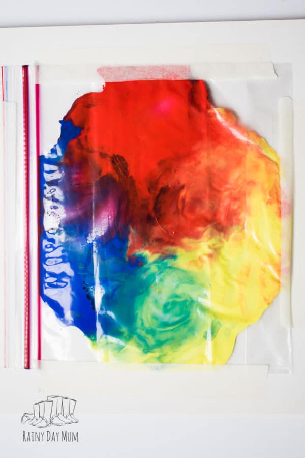 rainbow coloured sensory bag made with paint
