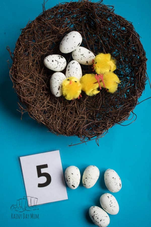 Quick and easy to set up maths activity for EYFS and review of single-digit addition and subtraction for older with this spring themed birds nest activity. Linked with Are you, my Mother? as a fun read-aloud for bird-themed activities.