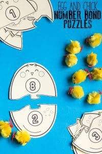 Hands-on spring activity for learning number bonds to 10. Download and print out these egg and chick hatching puzzle cards and learn, review and revise number bonds with this fun activity for maths.