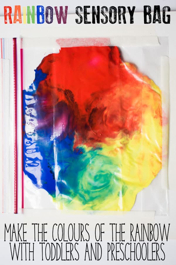 rainbow sensory bag picture with text reading make the colour of the rainbow with toddlers and preschoolers