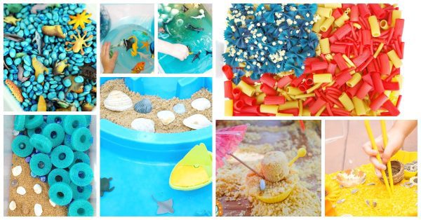 Collage of 8 summer sensory tubs. Ocean and beach themed for simple summer fun with toddlers and preschoolers