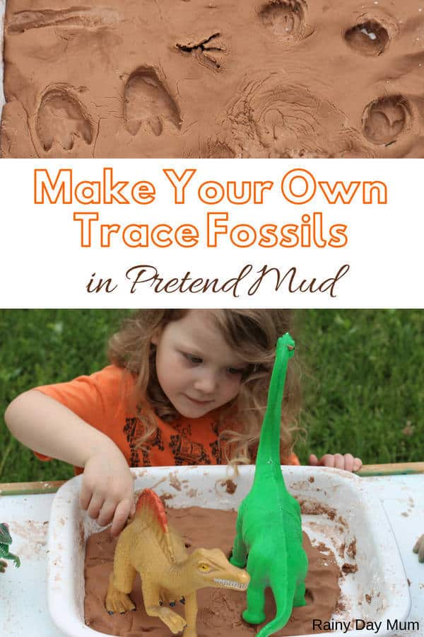 Discover how trace fossils are made with this fun sensory science activity for kids using edible mud dough and dinosaurs. 