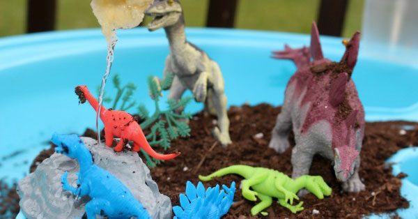 Set up this Dinosaur Farm inspired small world play for toddlers and preschoolers in the water table and watch them explore, engage, play and learn.