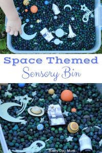 Easy to set up and reuse space-themed sensory bin with coloured dried chickpeas ideal for using with older toddlers and preschoolers.