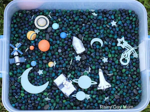 space, stars, planets and rocket sensory bin for toddlers and preschoolers