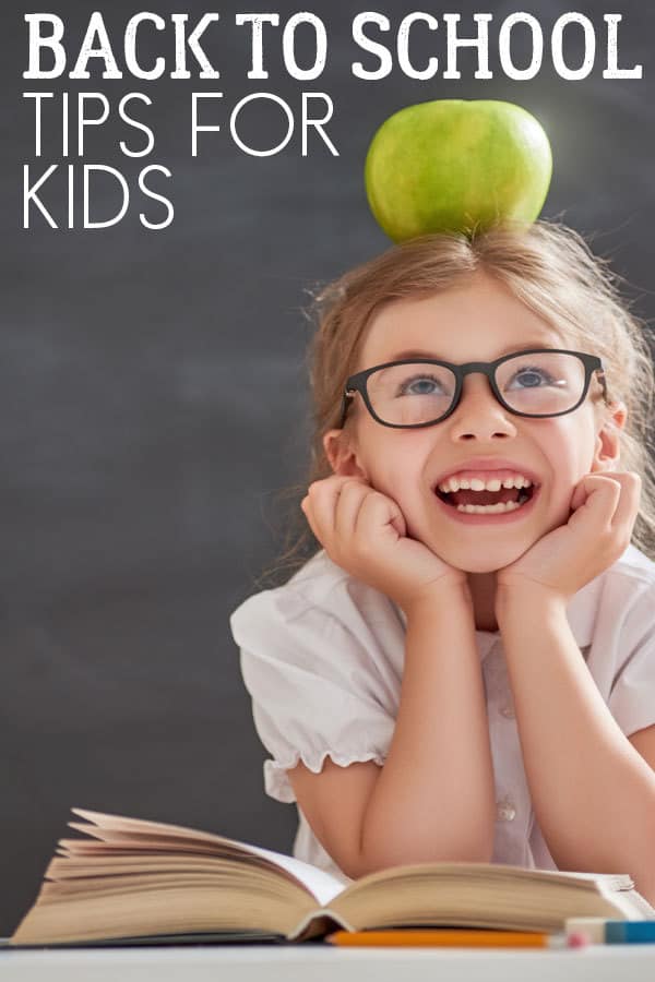 A girl sitting infront of a chalk board with an apple on her head text reads Back to School Tips for Kids