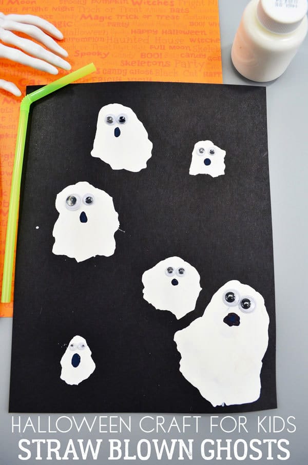 Halloween craft for kids to make straw blown ghosts. Make and then cut to create decorations to hang up