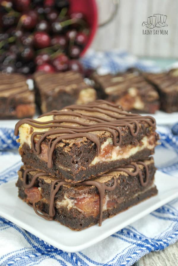 From Scratch Recipe for Brownie based baked cheesecake with cherry pie filling