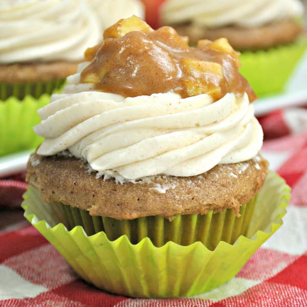 From scratch spiced cupcakes with apple pie topping and cinnamon buttercream frosting perfect for fall