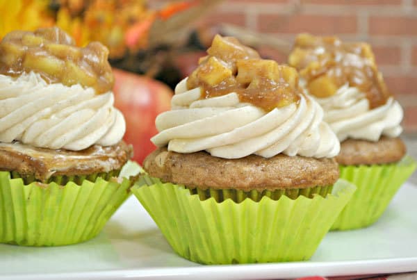 Finished easy to make apple pie topped spiced cupcakes with cinnamon buttercream icing