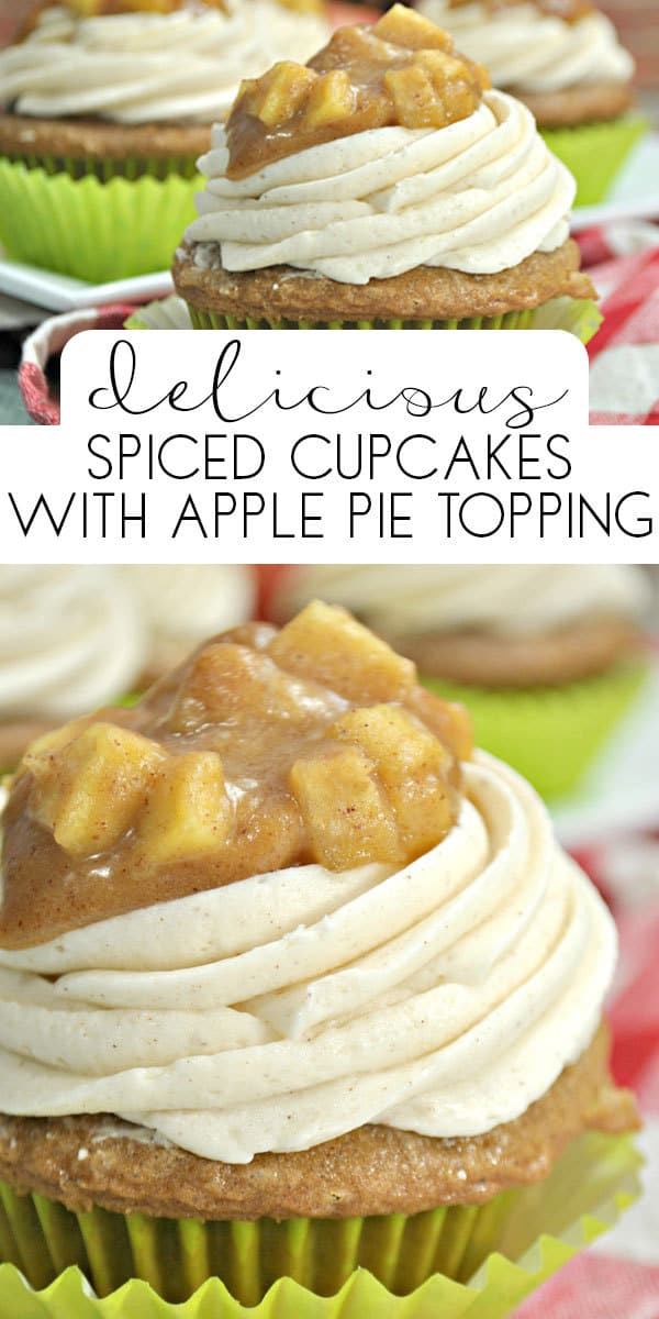 Delicious autumn recipe for apple pie cupcakes from scratch using a spiced cupcake mix and homemade cinnamon buttercream. Perfect for fall treats.