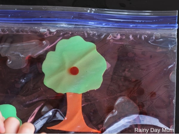 Water bead apples on a craft foam apple tree inside a simple sensory bag, great idea for fine motor and counting play for toddlers
