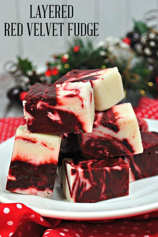 layered white chocolate and red velvet fudge ideal for valentines day