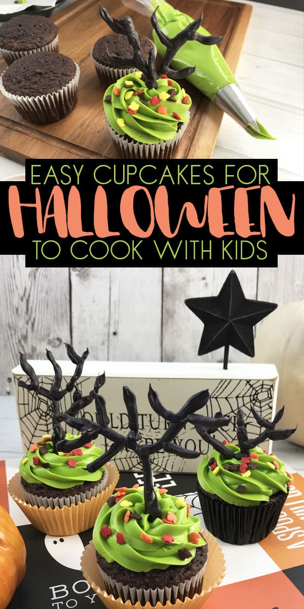 Halloween Haunted Tree Cupcakes to Decorate with Kids with basic chocolate cupcake recipe and easy to make buttercream.