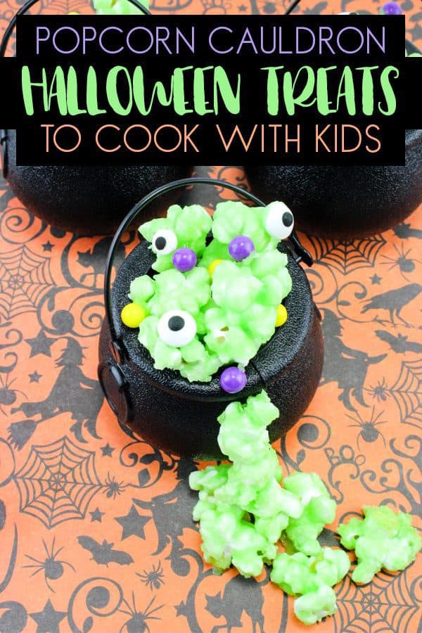 Easy recipe for simple Halloween treats of popcorn potion in a cauldron that kids can cook.