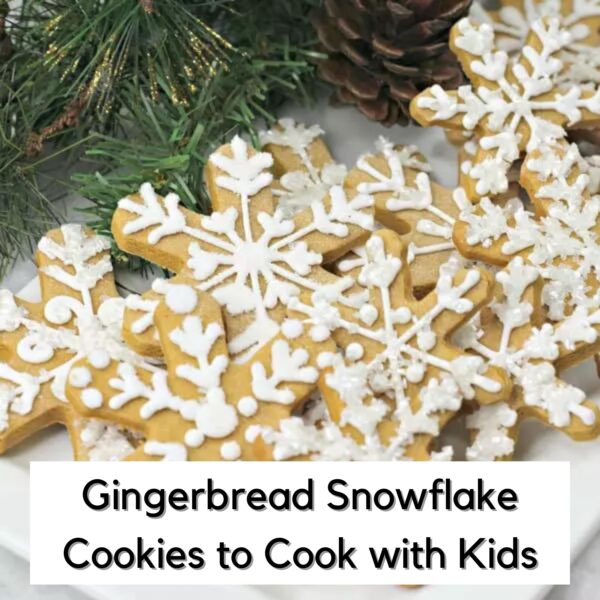 pretty decorated gingerbread snowflake cookies with text saying gingerbread snowflake cookies to cook with kids
