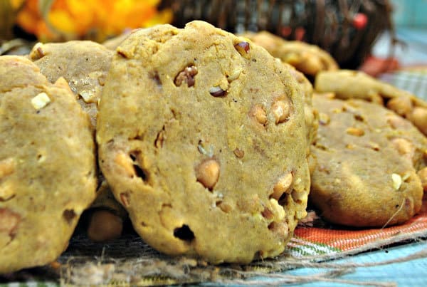 close up of walnut and butterscotch pumpkin pie flavoured cookies 