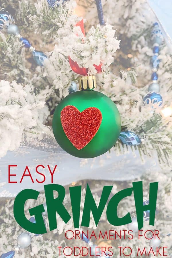 Image of Grinch Heart Ornaments hanging on a Christmas Tree to make with toddlers