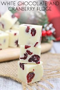 Easy white chocolate fudge with dried cranberries stack of fudge