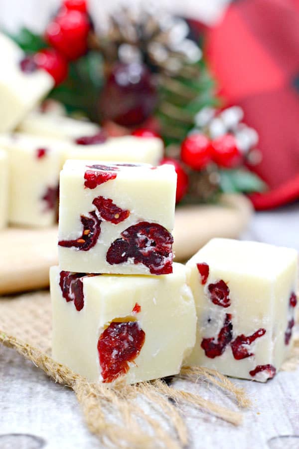 simple recipe for making white chocolate fudge with dried cranberries in