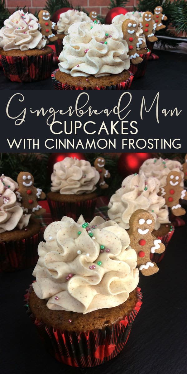Simple recipe for gingerbread flavoured cupcakes with cinnamon buttercream icing and mini gingerbread men figures. Perfect Christmas Party Cakes to share with kids and adults alike.