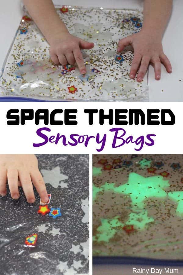 Two simple ideas for easy glow in the dark space themed sensory bags for toddlers. An easy way to do mess-free sensory play with your aspiring astronauts.