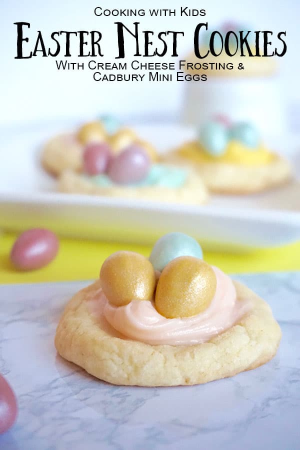 Easy Easter Nest Cookies to Cook with Kids. With cream cheese frosting and cadbury mini eggs