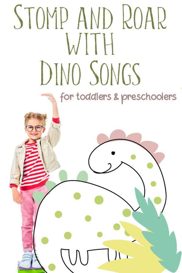 picture of a girl standing on books with drawn dinosaur for songs to stomp and roar with dinosaurs