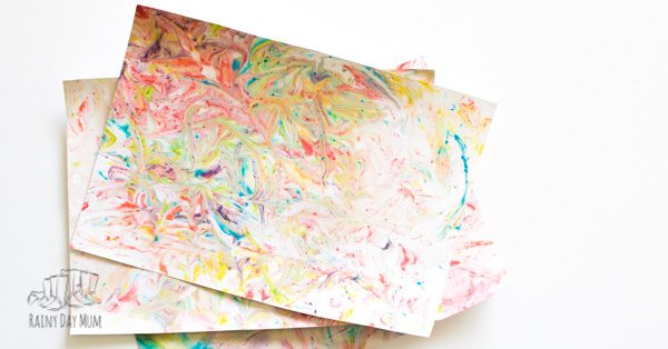 Marbled paper created by toddlers and preschoolers using shaving foam
