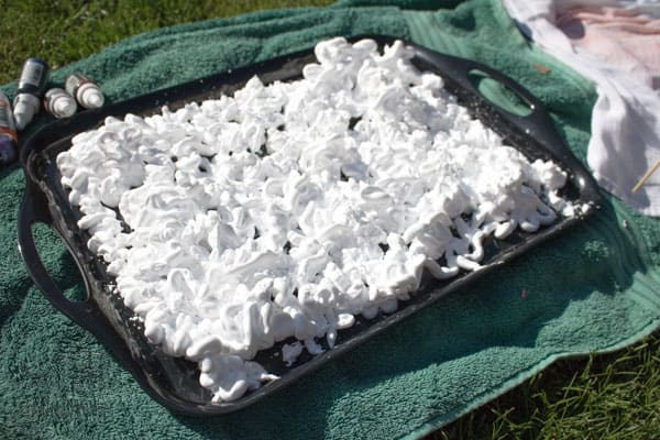 shaving foam in a tray for art project with kids