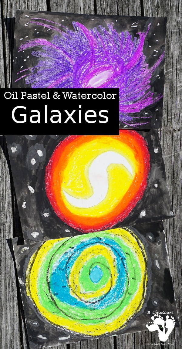 Finished picture of oil pastel and water colour galaxies that kids can make