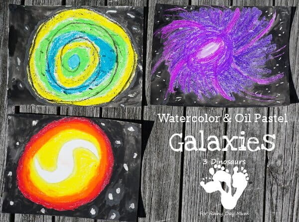 Finished oil pastel Galaxies created by kids inspired by non fiction books