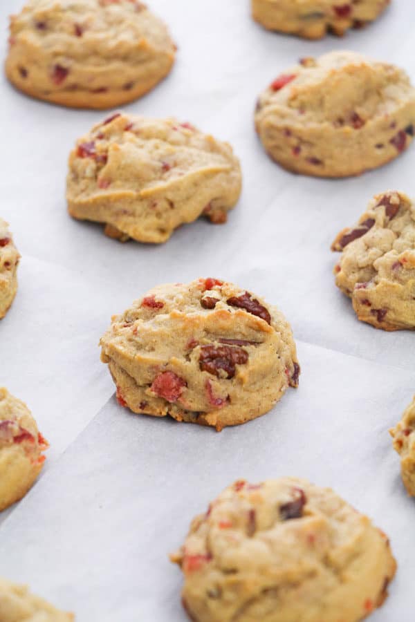 baked cookies on a parchment lined cookie sheet