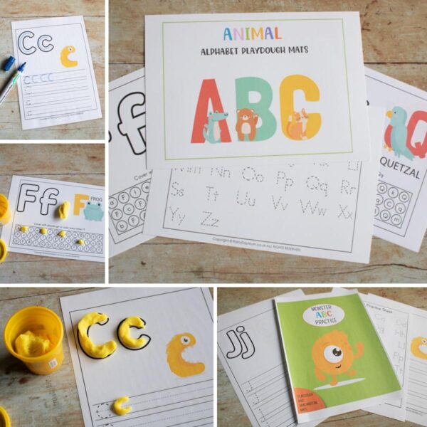 collage of the monster and animal alphabet playdough mats available in the rainy day mum store