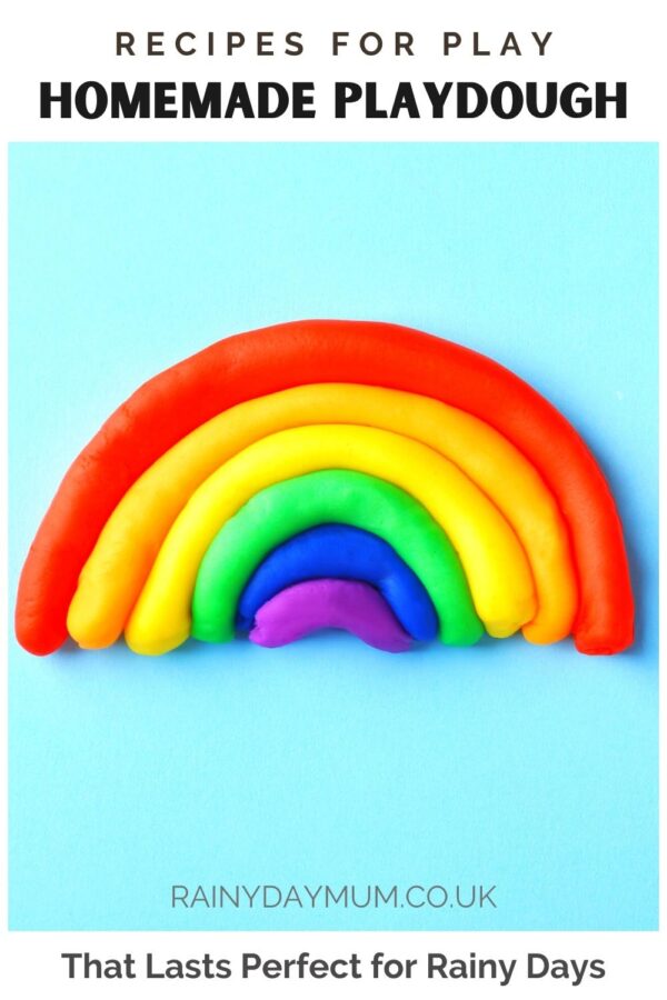 Pinterest image for recipes for play homemade playdough that lasts perfect for rainy days the image is of a playdough rainbow
