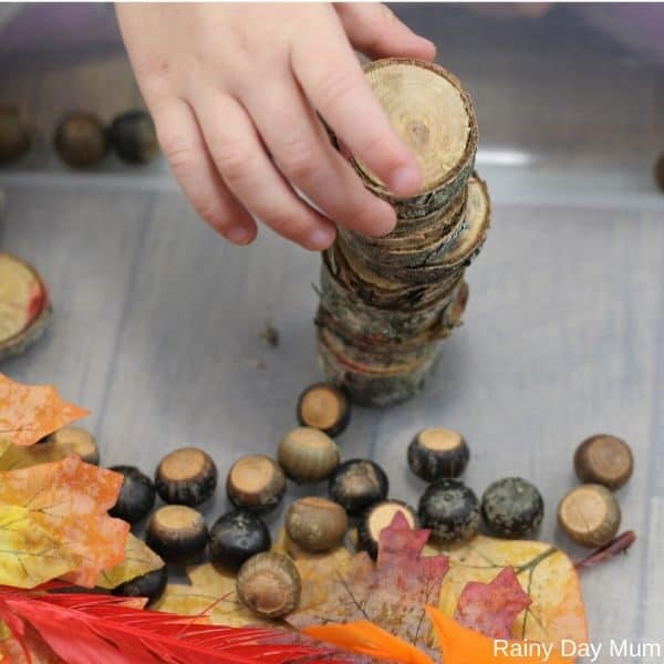 stacking wood slices within a sensory bin for autumn and talking about giving thanks