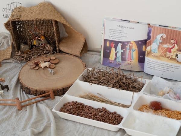 Materials and set up for a Nativity Crib Scene for Sensory Play