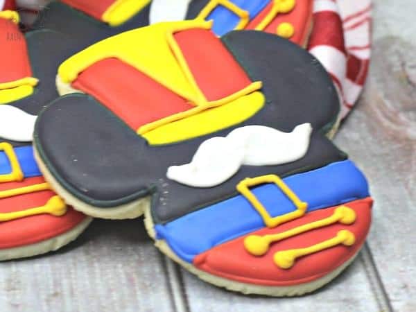 close up of the finished mickey mouse nutcracker sugar cookies