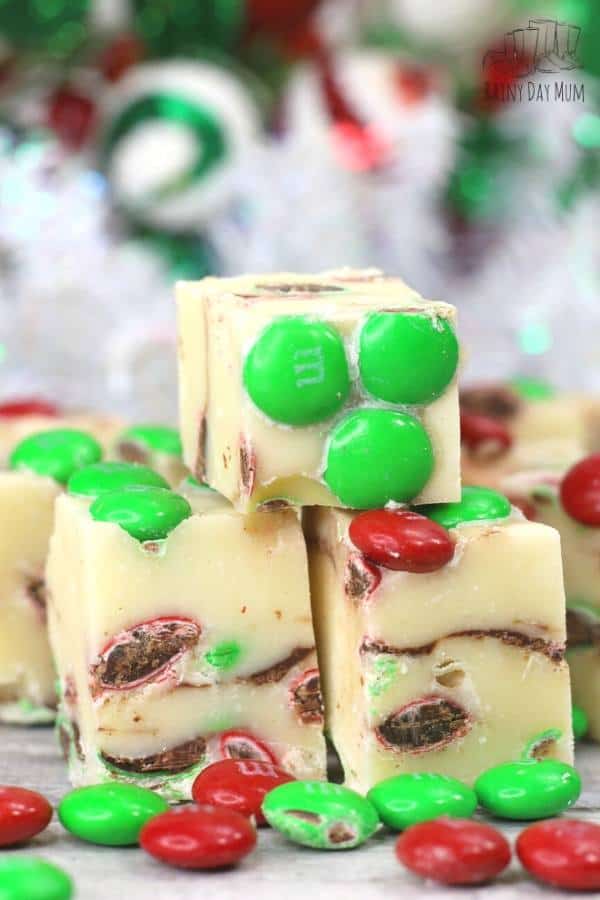 white chocolate fudge with red and green m&ms