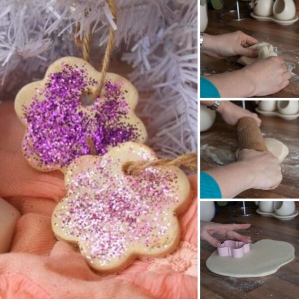 collage of making salt dough ornaments using a microwave salt dough recipe
