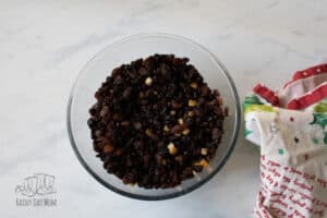 soaked dried fruit ready for adding to a Christmas Cake