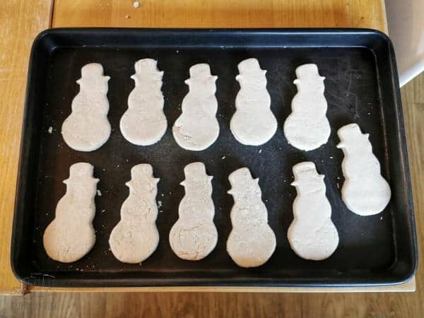 Salt Dough Snowmen ready to be oven dried