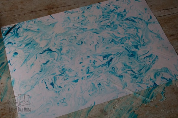 marbled paper created with shaving cream and food colouring