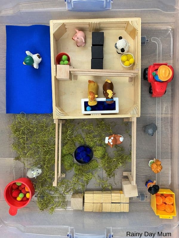 Farm Sensory Bin Set up for toddlers to play with