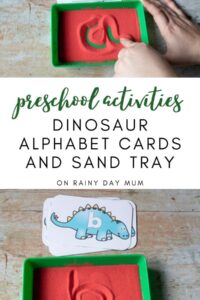 dinosaur alphabet cards and sand tray