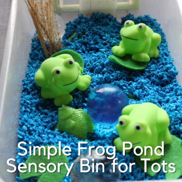 frog pond sensory bin with plastic frogs, aquarium gravel and giant water beads set up for sensory play for a spring theme with toddlers and preschoolers