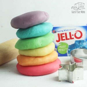 a stack of coloured and scented playdough ready to use made at home with packed of Jell-o