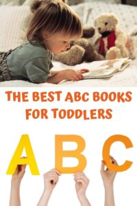toddler reading a book above the text The Best ABC Books for Toddlers with hands holding A B C below