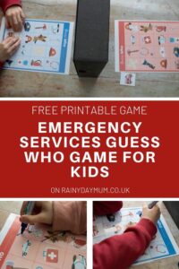 collage of a printable guess who game for kids featuring emergency services showing kids playing with text reading FREE printable Emergency Services Guess Who game for kids